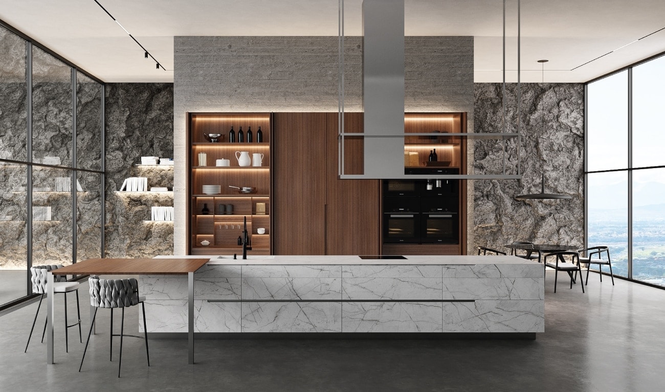 Modern kitchen with German Kitchen Cabinets and marble countertops, featuring a central island and wooden shelving, surrounded by floor-to-ceiling windows with a mountain view., Planning and Installing Your German Kitchen Cabinets
