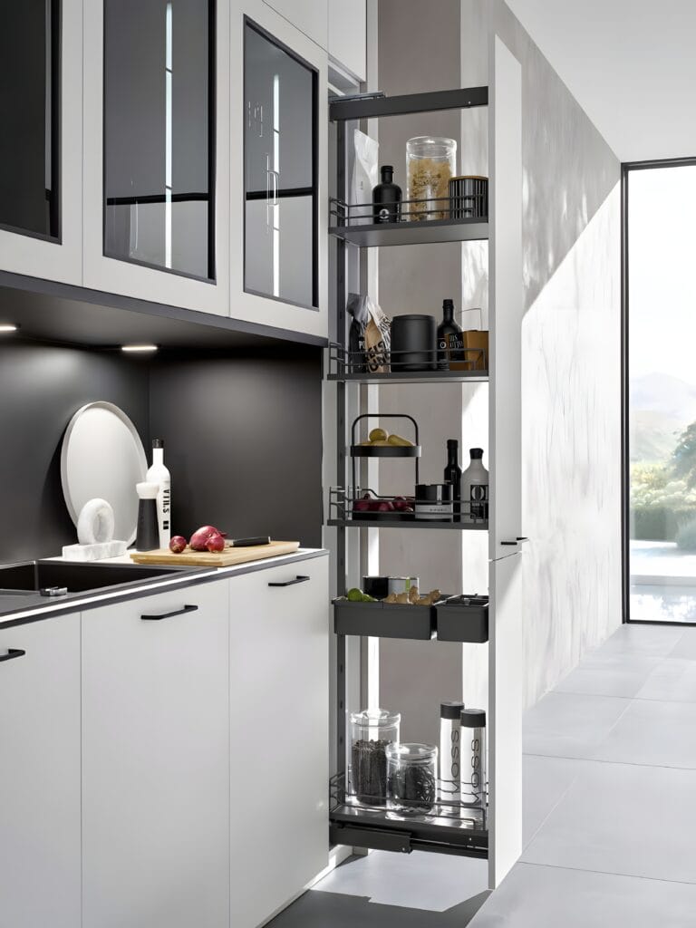 Modern kitchen design trends include white cabinets and a pull-out pantry shelf.