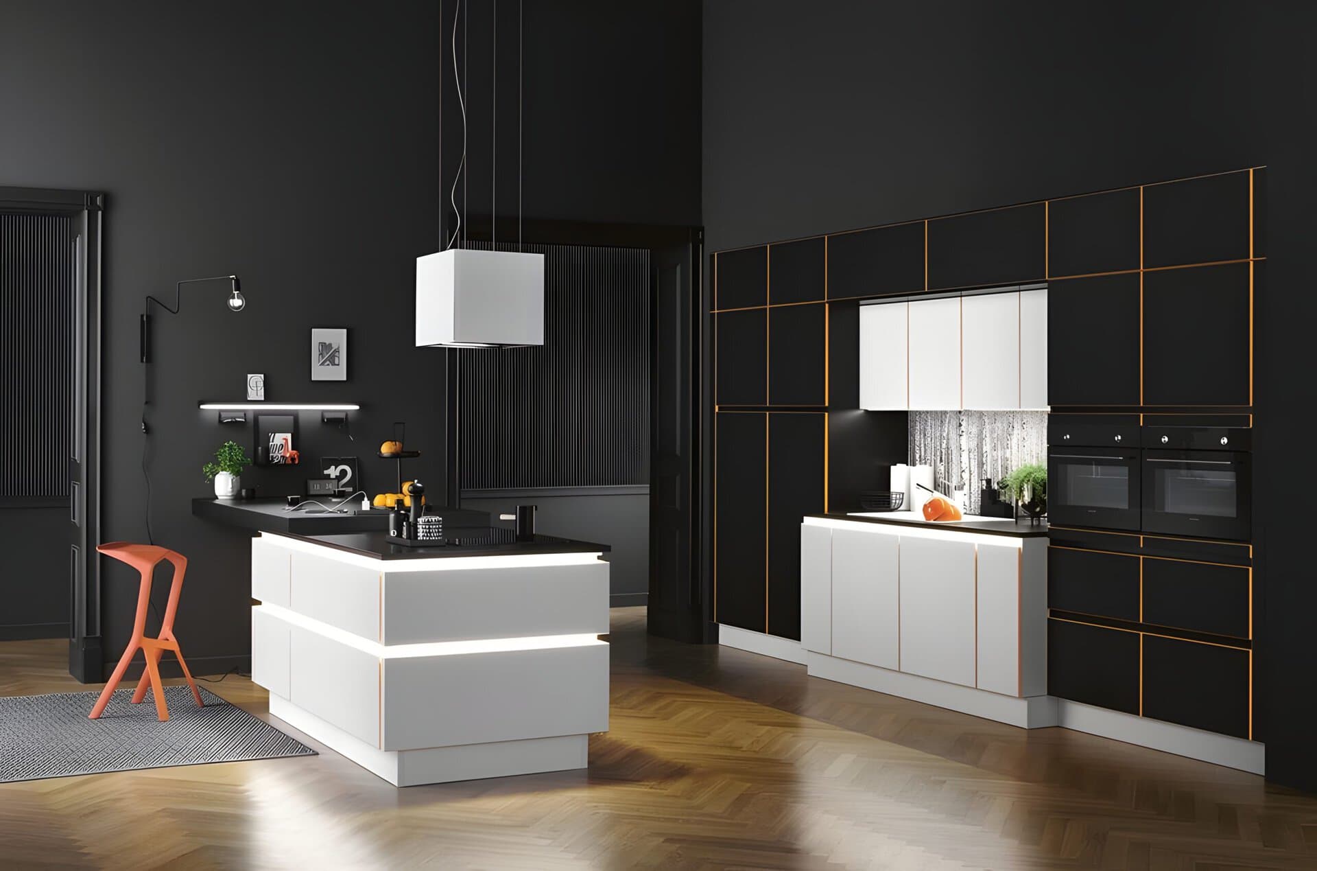 Modern kitchen with black and white color scheme, gold accents, and sleek German kitchen cabinets. Burger Lacquered laminate Series