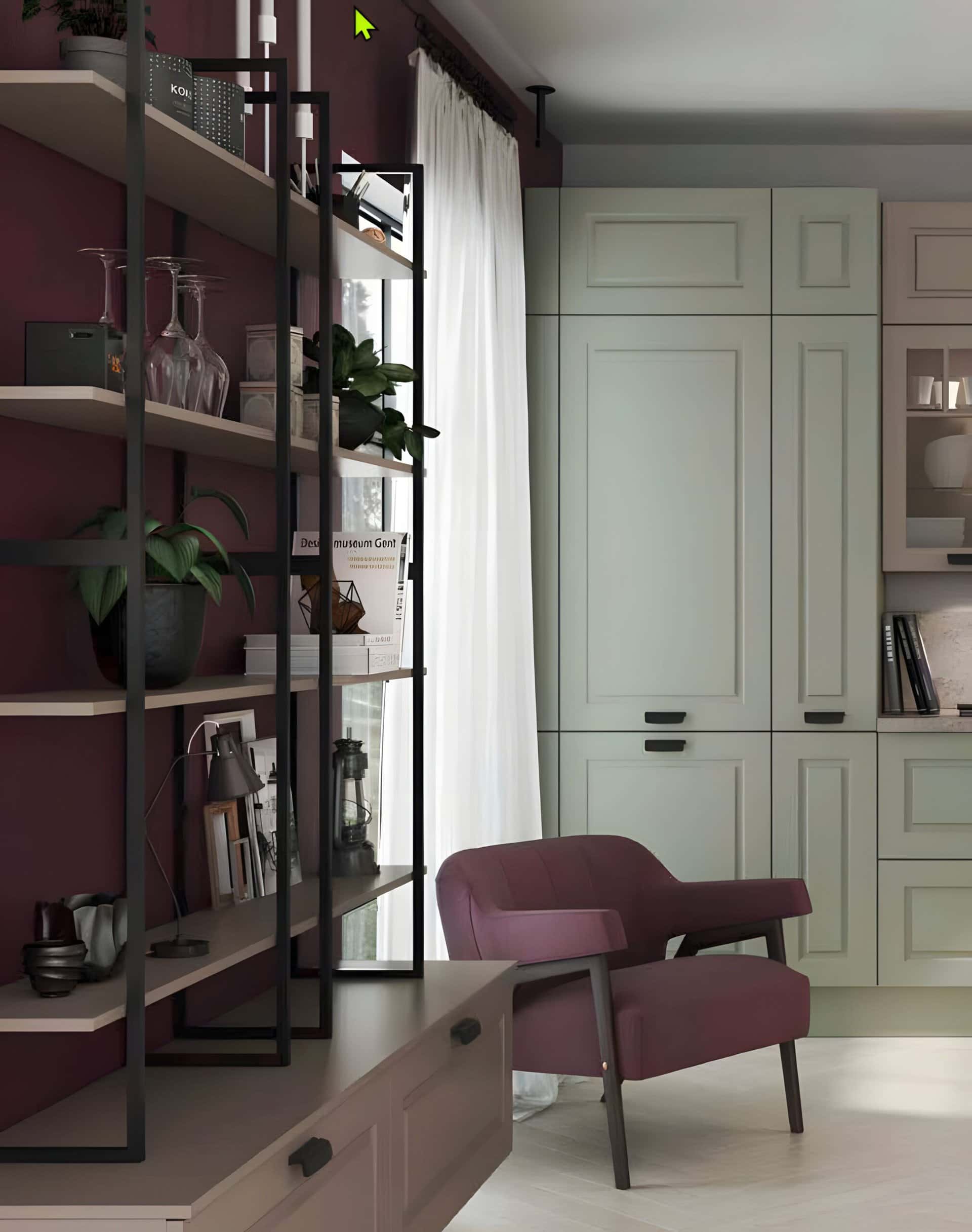 Elegant home office corner with a maroon bookshelf, German kitchen cabinets, and a plush chair by the window. Burger Lacquered series, German kitchen cabinets