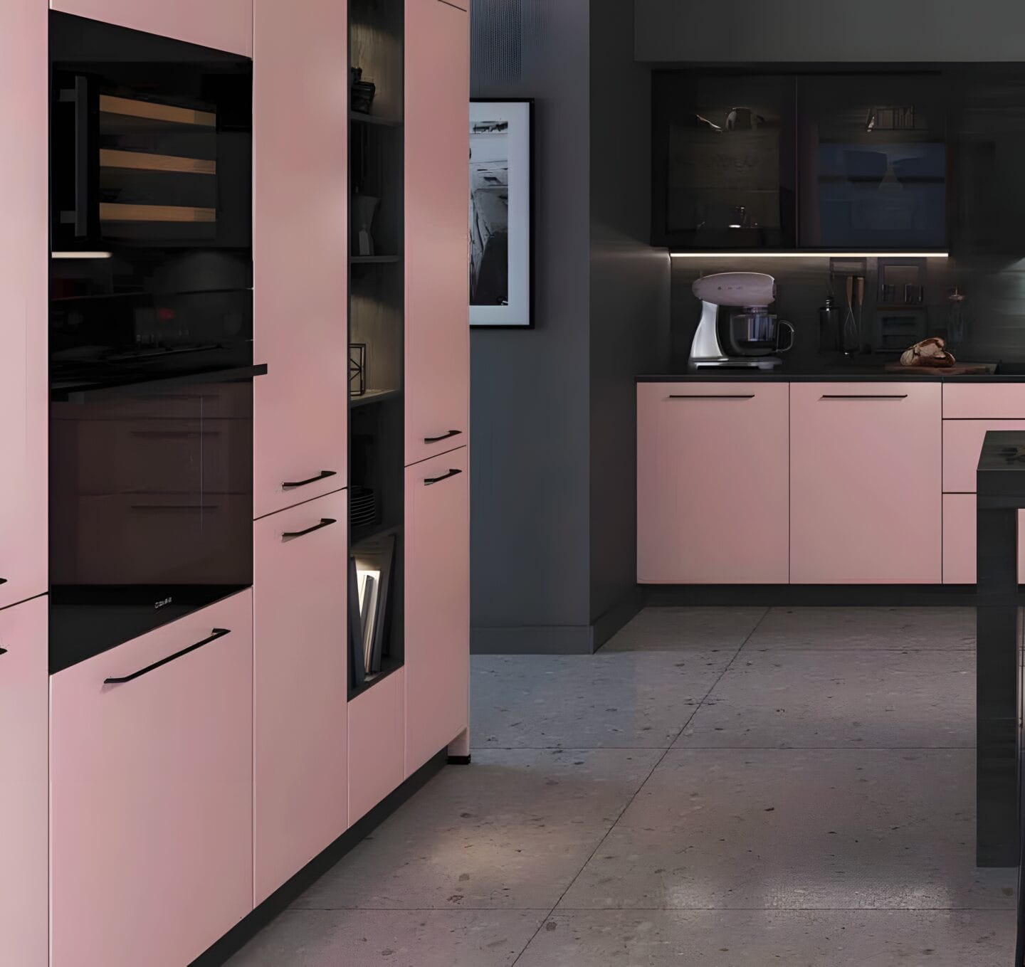 Modern kitchen with painted pink cabinets and stainless steel appliances.