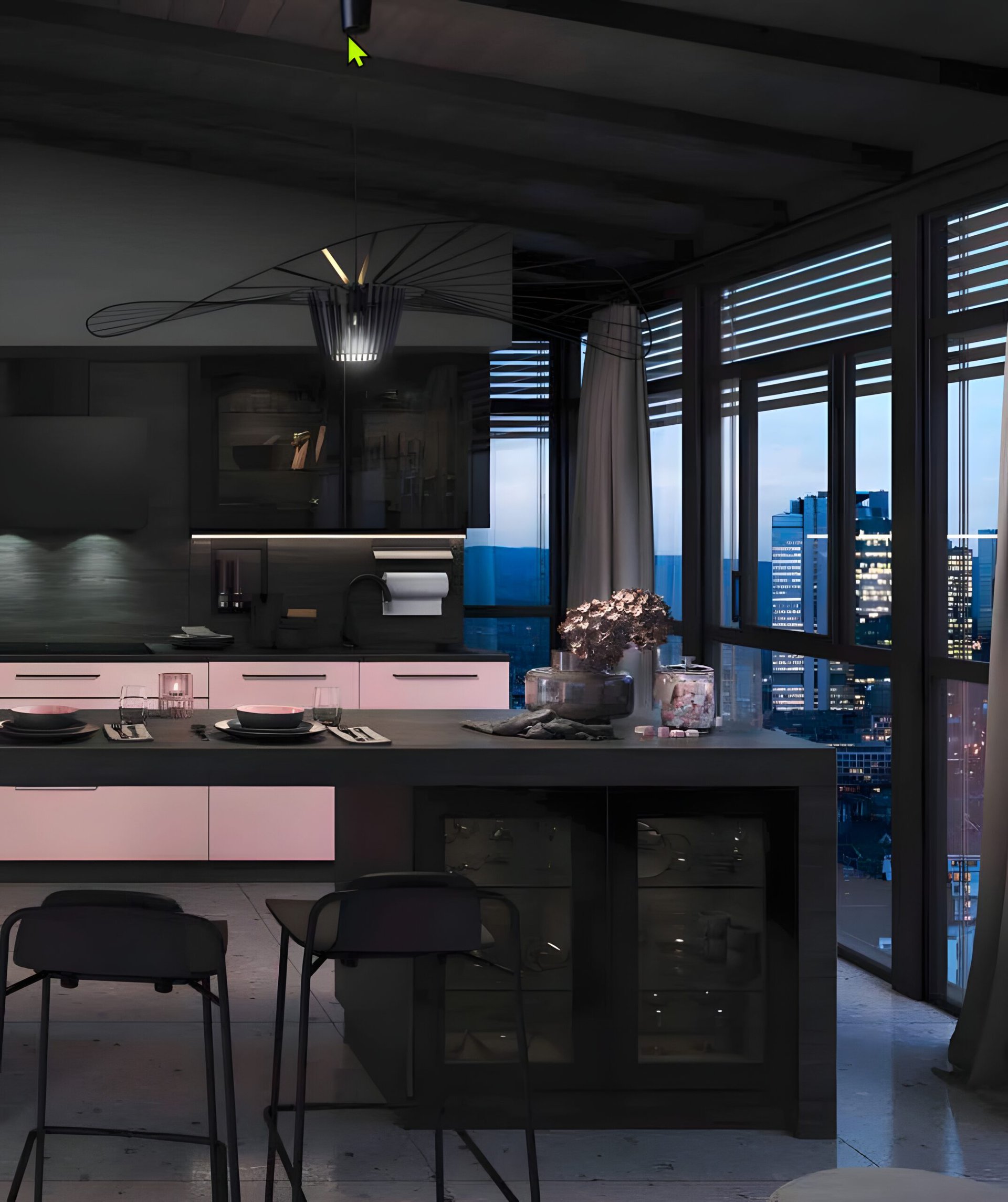 Modern kitchen interior at dusk with bar stools, large windows overlooking a cityscape, and ambient lighting, showcasing the interconnectivity in Bauformat design.