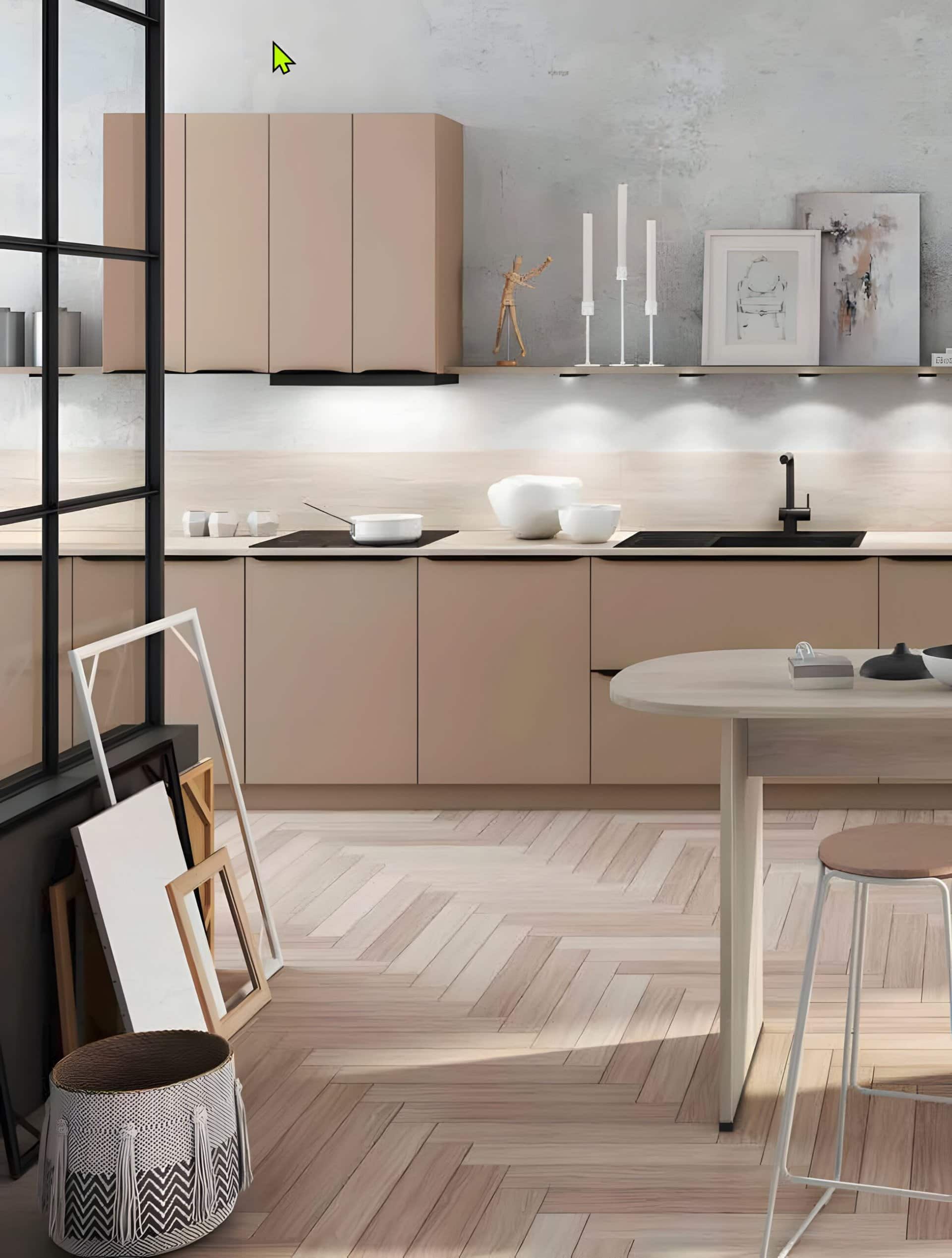 Modern kitchen interior with German kitchen cabinets, light wood tones, and minimalist decor - Burger Series Melamine Cindy