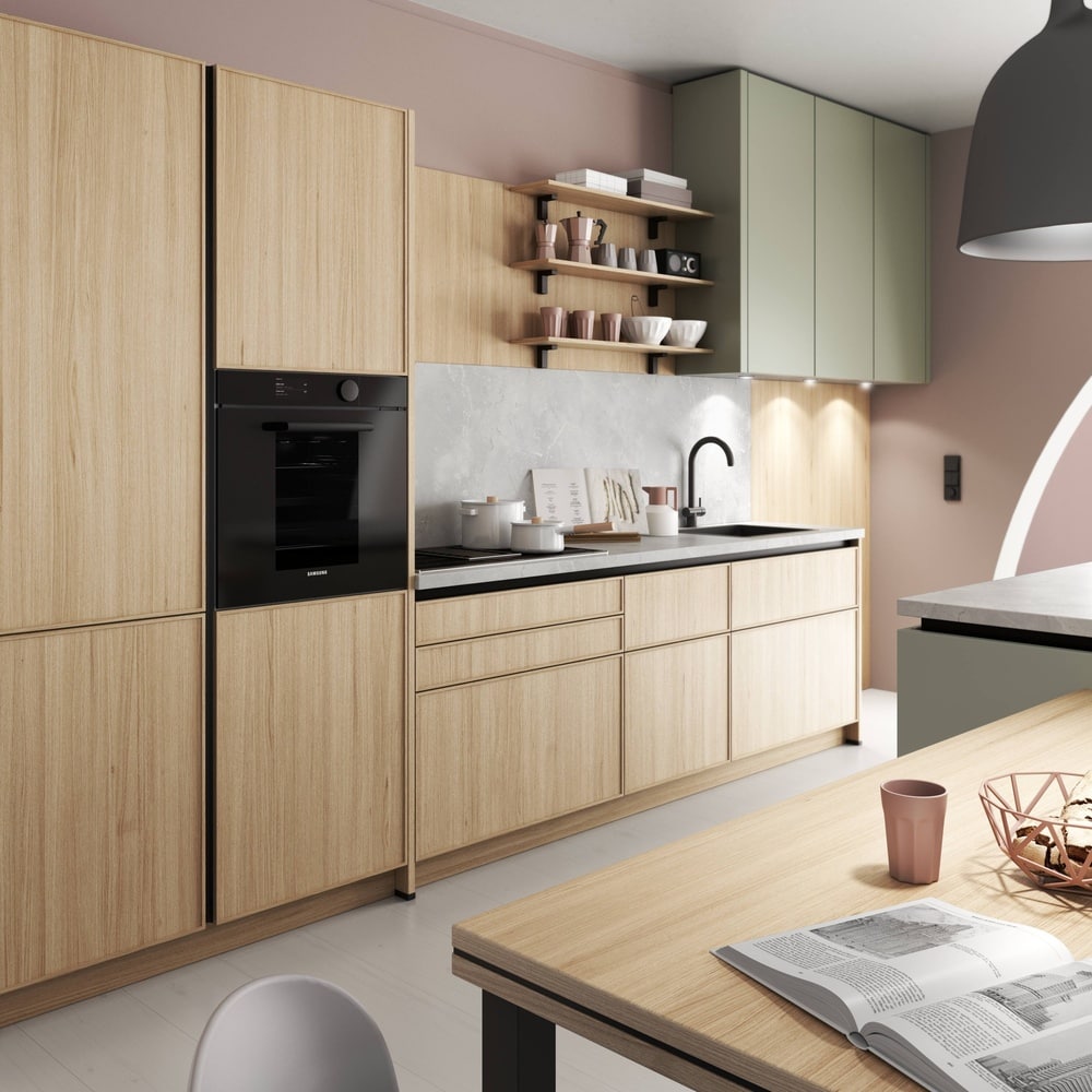 Modern kitchen interior featuring Bauformat cabinets with wood finish and built-in appliances, showcasing Germany's elite craftsmanship. Environmental Benefits of Choosing German Kitchen Cabinets