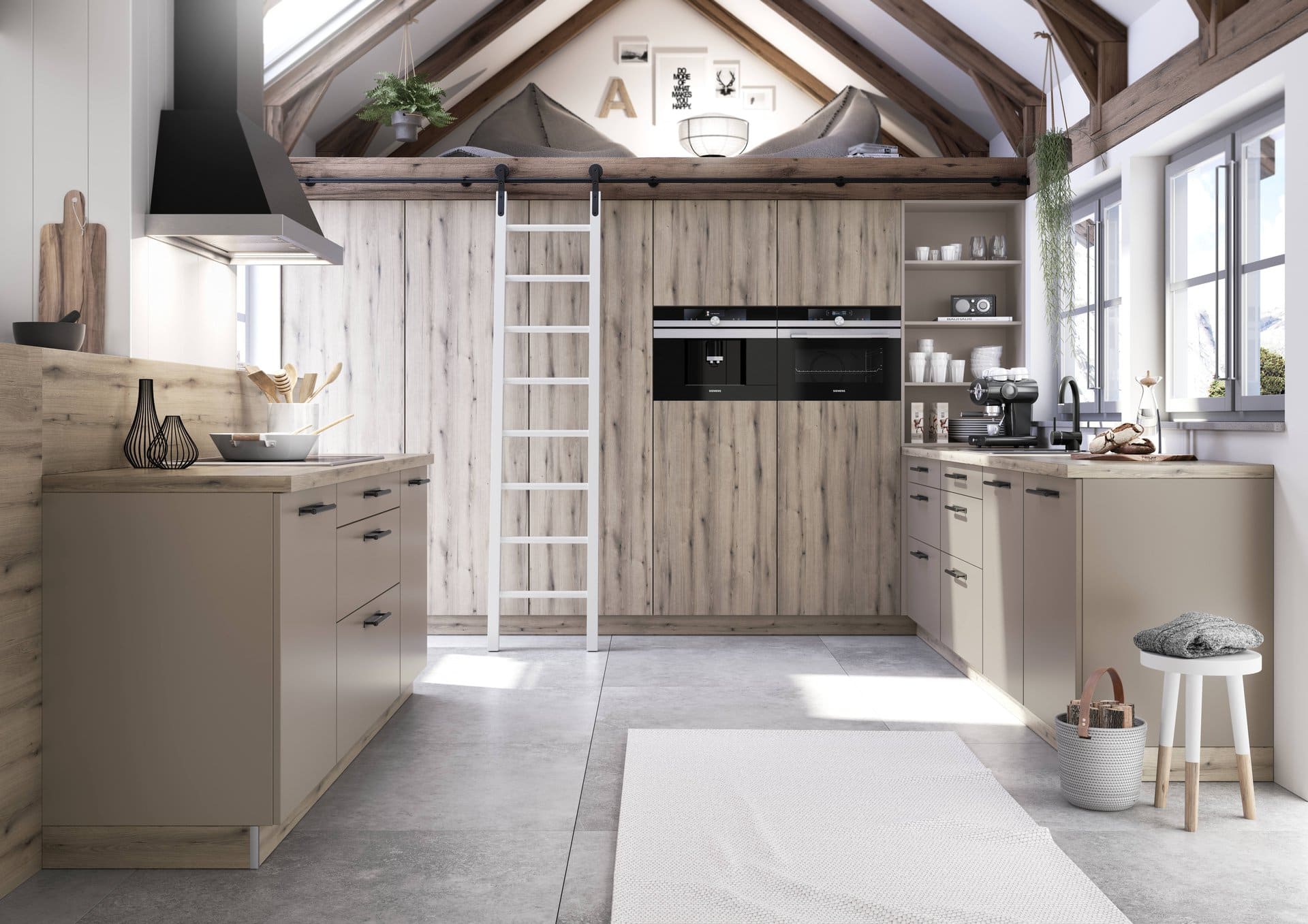 Modern rustic kitchen with natural light, featuring wooden beams, light wood cabinetry from the Bauformat Melamine series, and integrated appliances.