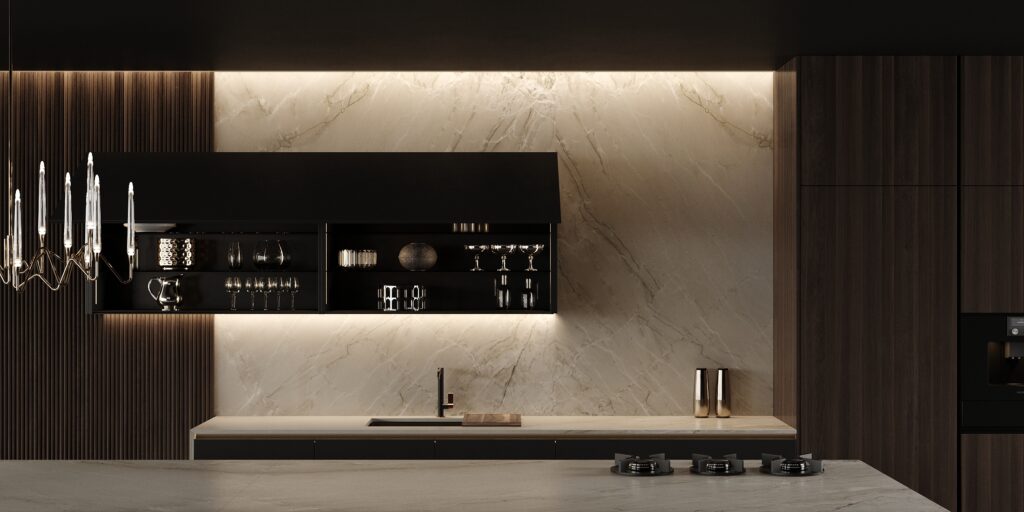 A modern kitchen featuring a marble backsplash, Bauformat dark wooden cabinets, and minimalist decor with ambient lighting.