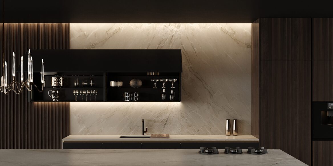 Modern kitchen interior with dark wood cabinets and marble backsplash, featuring built-in lighting and minimalist design - a leading example of Kitchen Design Trends 2024.