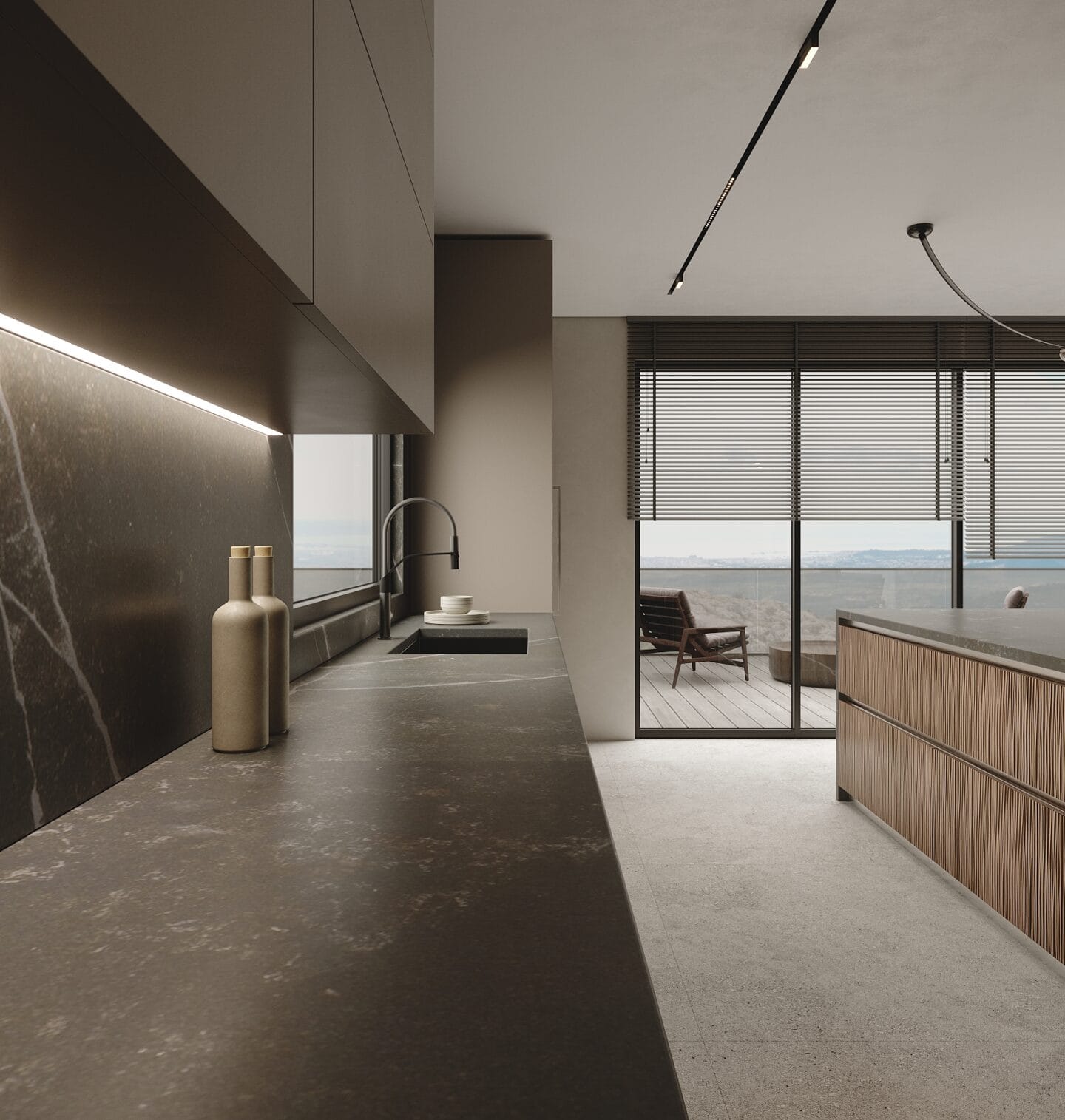 Modern kitchen interior with clean lines, dark stone countertops, wooden cabinetry, and a panoramic window view reflects the latest Kitchen Design Trends 2024.