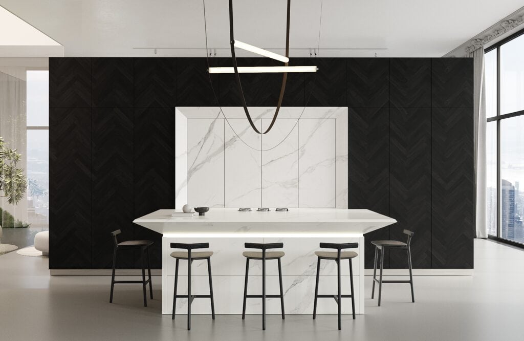 Modern kitchen with German kitchen cabinets, a marble island, black herringbone backsplash, and pendant lighting. Design Trends in German Kitchen Cabinets