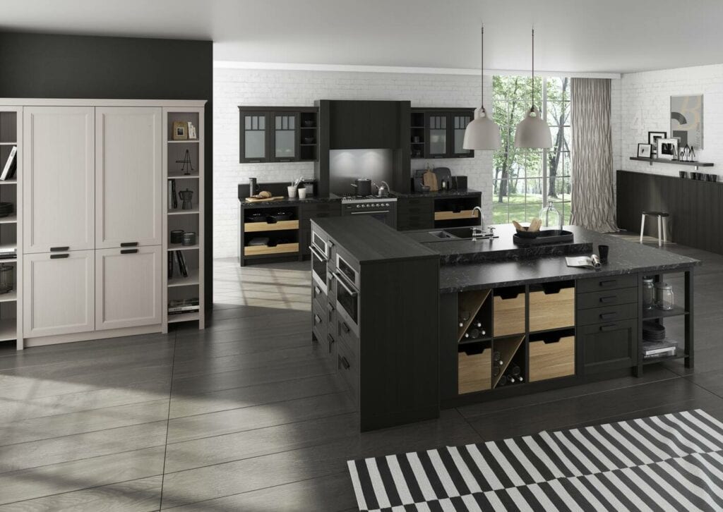Modern kitchen with black cabinets, built-in appliances, and light wood accents. The space includes an island, pendant lights, and a striped rug on dark wood flooring. Large windows provide natural light, creating the perfect setting to explore tips on how to organize kitchen cabinets efficiently. Modern kitchen with black cabinets, built-in appliances, and light wood accents. The space includes an island, pendant lights, and a striped rug on dark wood flooring. Large windows provide natural light, creating the perfect setting to explore tips on how to organize kitchen cabinets efficiently.