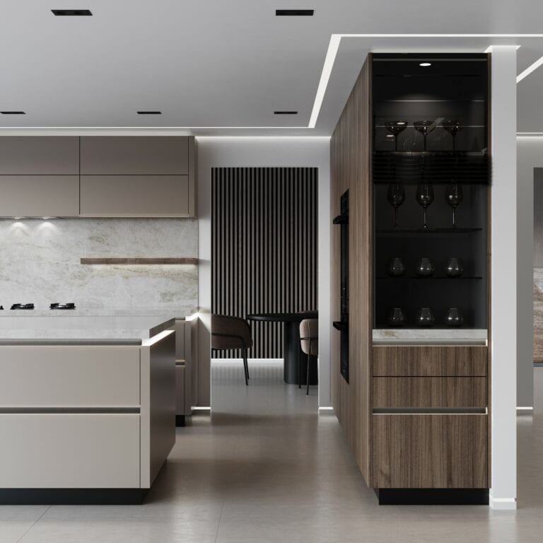 A modern kitchen featuring sleek German kitchen cabinets, integrated appliances, and a muted color palette.